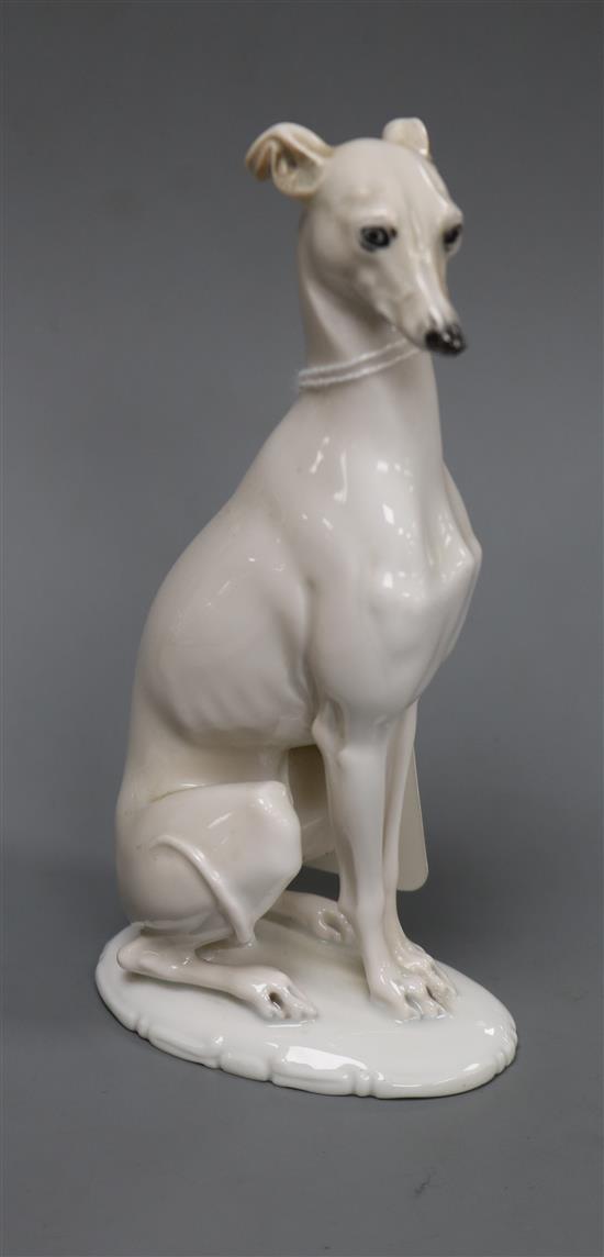A Rosenthal blanc de chine model of a seated Italian greyhound by Theodor Karner, circa 1922 H 15cm